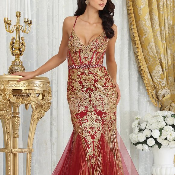 Burgundy Gold open back beaded mermaid dress - Picture 1 of 7